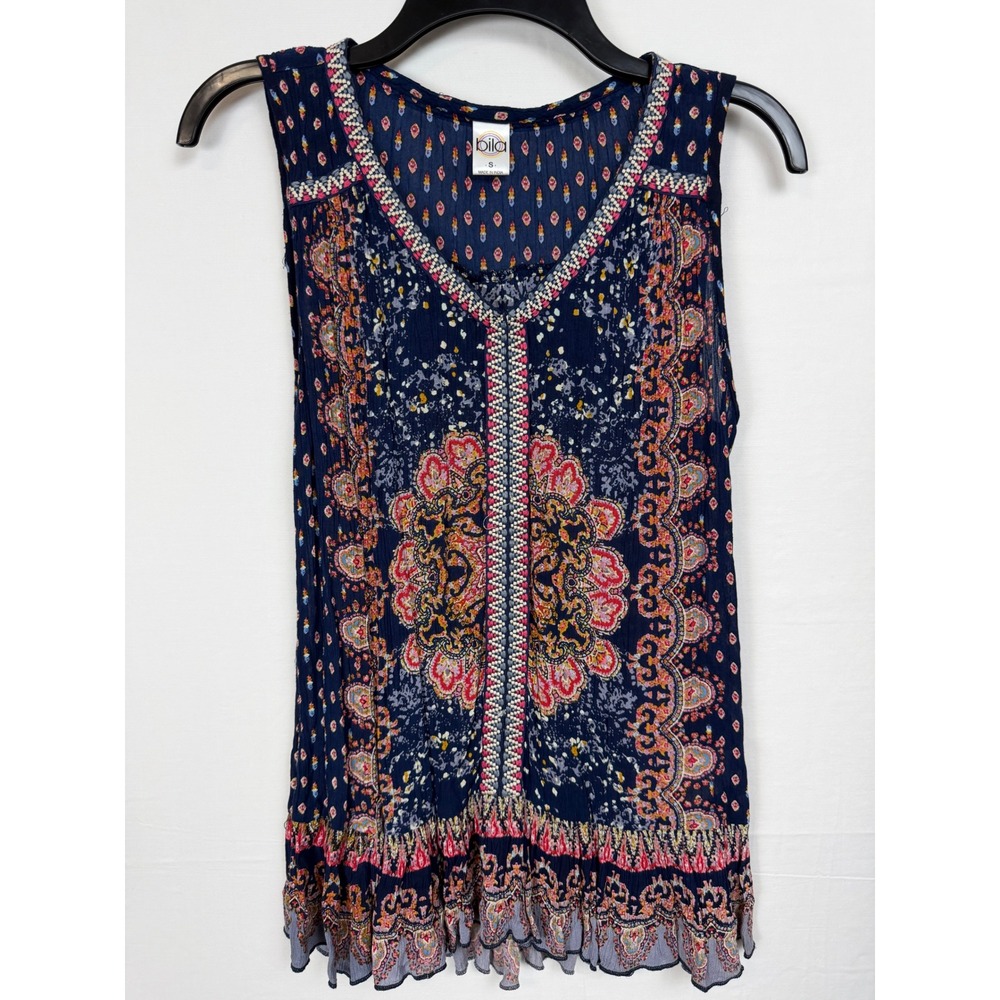 Bila Mandala Print‎ Tank Top Women Size S Navy Blue Boho Sleeveless Ruffle Hem